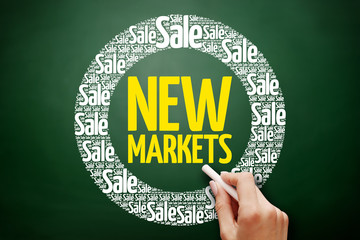 New Markets word cloud collage, business concept on blackboard