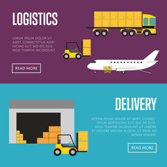 Delivery and logistics banner vector illustration. Forklift truck loading cargo jet airplane and freight truck in airport. Worldwide logistics, delivery transportation, commercial air shipping service