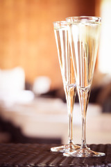 Two glasses of champagne in a spa lounge. Spa time concept. Spa