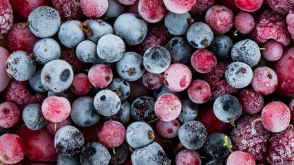 frozen berries, black currant, red currant, raspberry, blueberry. top view. macro - 132798600