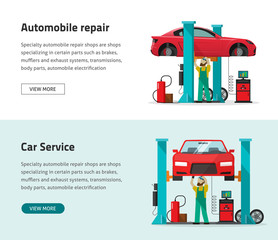 Car repair shop station vector banner, flat style repairman working under lifted auto using diagnostics tools equipment, mechanic man repairing automobile in workshop garage poster, isolated