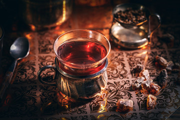 Black tea in a glass cup