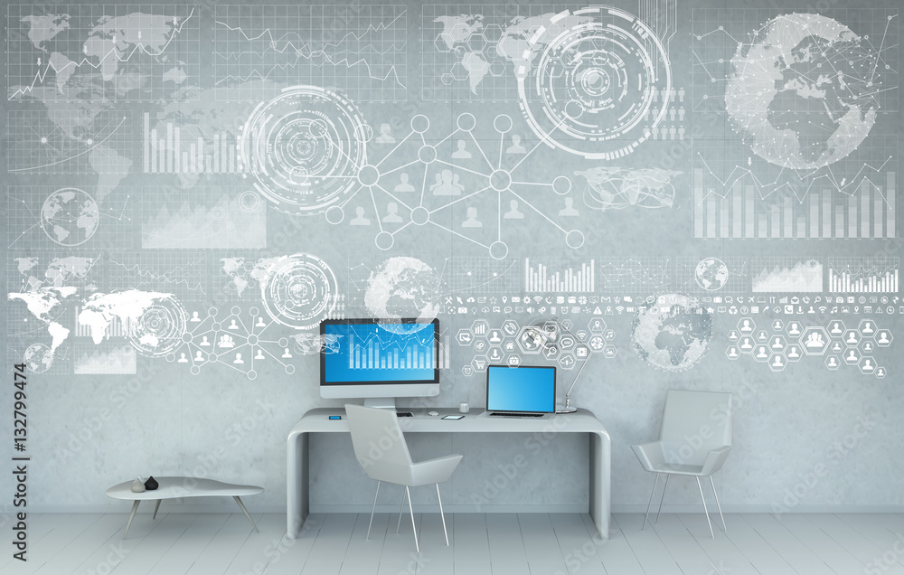Poster Workplace with modern devices and hologram screens 3D rendering
