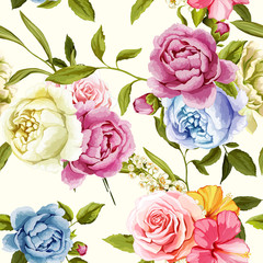 Peony and roses with leaves. Seamless background pattern. Vector - stock.