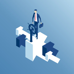 The businessman behind the wheel flying up the arrow isometric illustration. The business concept of successful management © ilyaf