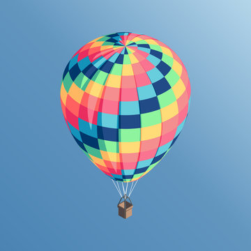 Colorful isometric hot air balloon flying in the blue sky vector illustration