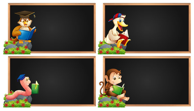 Board template with animals reading book