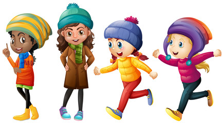 Four cute girls in winter clothes