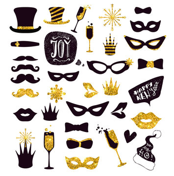 Black-and-gold moustaches, lips, masks,... Glitter Photo Booth Props, isolated on white. Decorative elements for Merry Christmas or New Year's Eve Party. Hand drawn vector illustration.