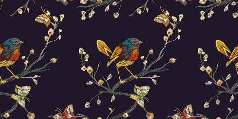 Vintage Seamless pattern: bird, butterfly and flower, leaf, branch, isolated on background. Imitation embroidery. Hand drawn vector illustration, separated editable elements.