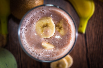 Fresh smoothie of banana and pear. Top view