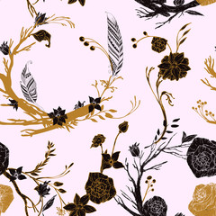 Floral vintage seamless pattern. Endless background, retro design wallpaper with flowers, feathers. Hand drawn vector illustration, engrave gold, separated editable elements under mask.