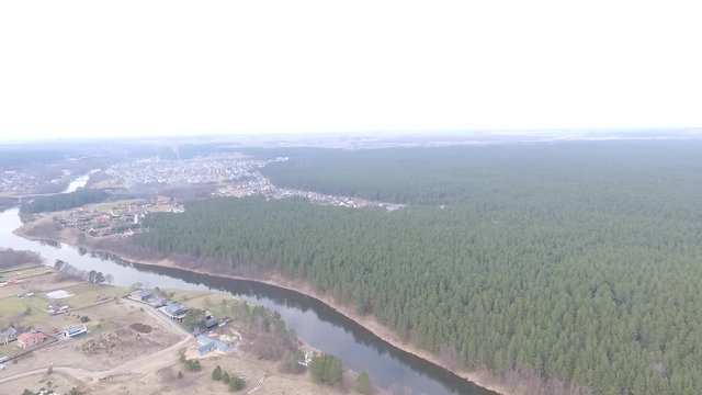 Panorama Over Little Town Near Forest