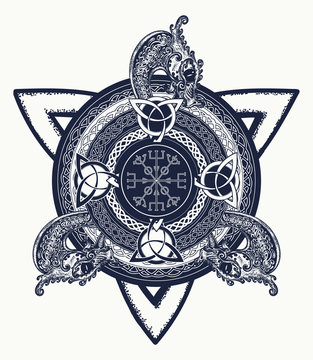 Celtic cross tattoo art and t-shirt design. Dragons, symbol