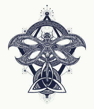 Dragonfly tattoo celtic style. Hand drawn mystical symbols