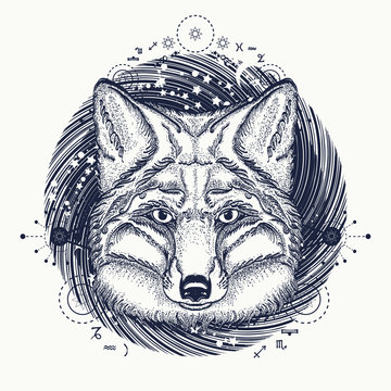Fox tattoo. Symbol of a travel, freedom, tourism.