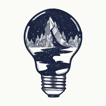Mountains in a light bulb, tattoo. Symbol of a travel, tourism