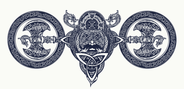 Viking tattoo, Celtic style. North warrior head t-shirt design