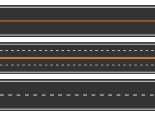 Template set of straight asphalt roads. Seamless road background. Vector EPS 10