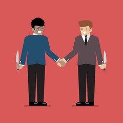 Businessmen hiding the knife for Betrayal or back stab of busine
