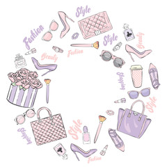 Set of stylish women's accessories. Vector illustration for a card or poster. Print on clothes. Fashion & Style.