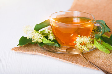 Linden tea in a glass cup.
