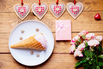 Ice cream, heart shapes, roses and gift box 