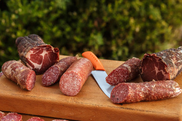 Salted italian meat lies on wooden board before wall of greenery