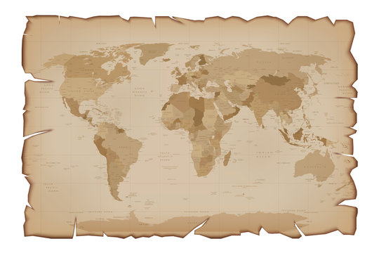 Old Map on Paper Scroll with tattered edges. Vector illustration Isolated on white background.