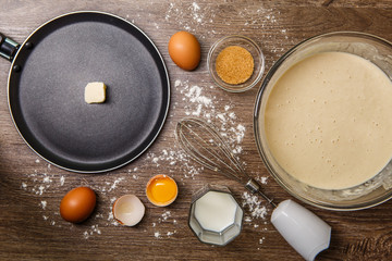 Frying pan with oil, bowl