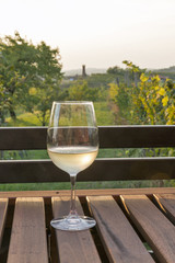 Glass of wine on wooden table with picturesque view