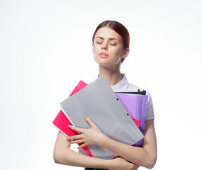 girl with documents,woman with papers, white background, business