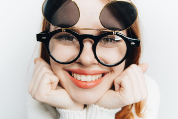 girl, girl with glasses, girl on a light background