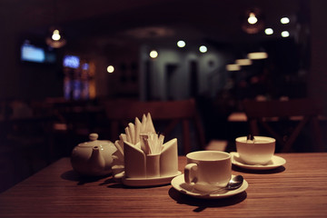 cup of tea or coffee in a cafe serving breakfast table