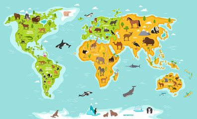 Fototapety  World map with wildlife animals vector illustration. Animals planet concept, world continents with flora and fauna. Giraffe, elephant, monkey, zebra, bear, turtle, whale, walrus, penguin, lynx, panda