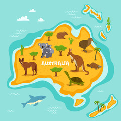 Australian map with wildlife animals vector illustration. Australian flora and fauna, koala, kangaroo, turtle, platypus, kiwi, dingo, shark. Australian continent in ocean with wild animals and plants - obrazy, fototapety, plakaty