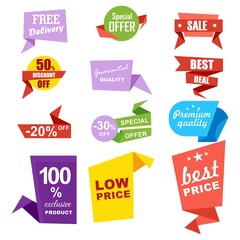 Discount sale ribbon banner set isolated vector illustration. Best price tag, special offer discount, low price, retail advertisement, best deal, premium quality symbol. Flat graphic style sale labels