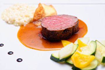 Fine dining Venison meat steak with vegetable