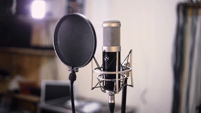 Studio microphone close-up. Recording studio. Music equipment. Music.