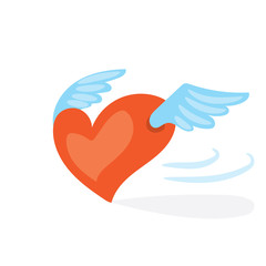 Cartoon valentines day romantic illustration . Red flying heart with wings. Holiday flat  design, on white background.