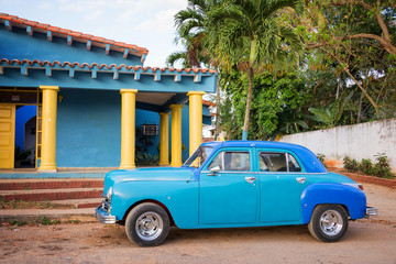 Blue old classic american car in Vinales, Cuba