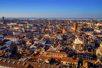 Fototapeta na wymiar Aerial view in winter from the San Marco Sqaure, Venice, Veneto, Italy. Panoramic view at blue hour.