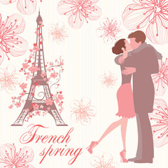Fototapeta na wymiar french spring vector illustration with kissing couple