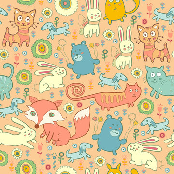 Seamless pattern of doodle cats, foxes, and rabbits