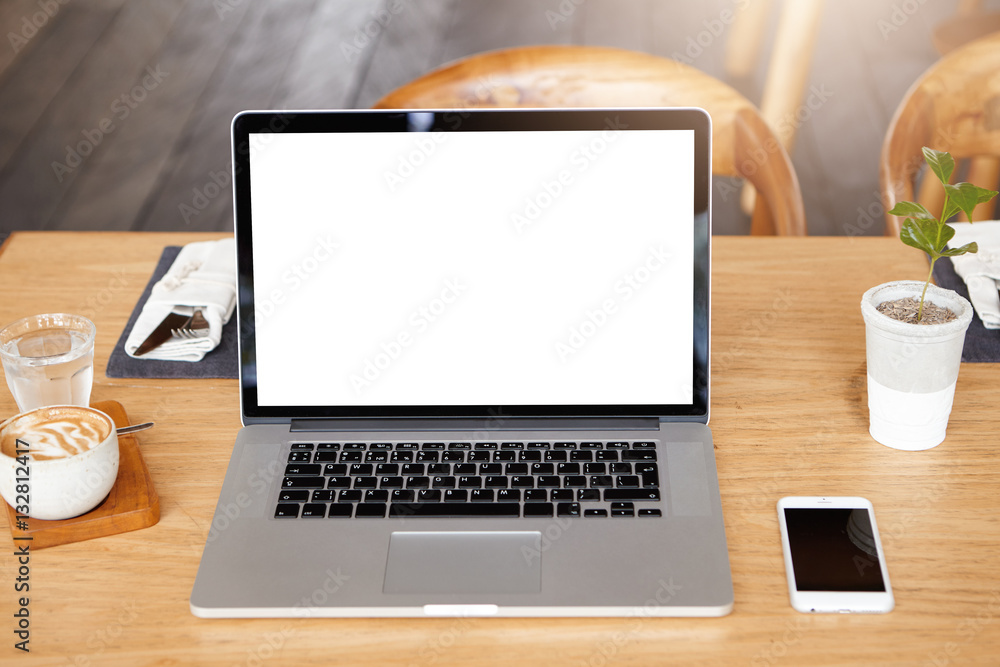 Poster technology, business and communication concept. front view of minimalist workspace of freelancer: mo