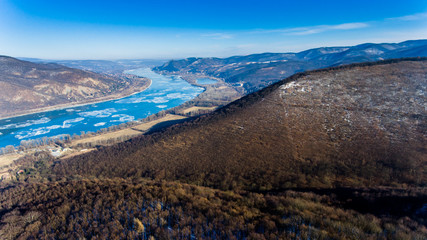 Ice drift on Danube river, Hungary, Visegrad. Aerial view hdr image