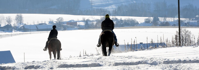 ausritt im Neuschnee, 2 Reiter bei eisigen Temperaturen , Wintersonne und Neuschnee von hinten