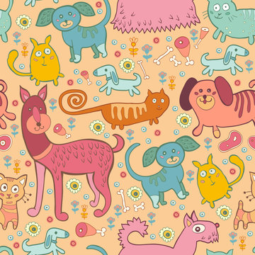 Seamless pattern of doodle dogs and cats