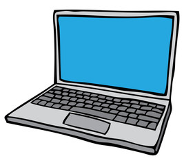 Grey Open laptop computer with blank blue screen. Sketchy vector illustration