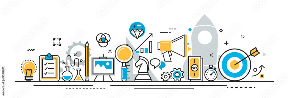 Poster flat line design illustration concept of business project startup process banner for website header 